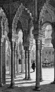 Court of the Lions with the Lion Fountain in the Alhambra of Granada, Andalusia, portico, oriental