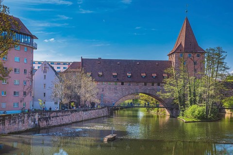 Schlayer Tower and Fronveste over Pegnitz in Nuremberg, Germany, Europe