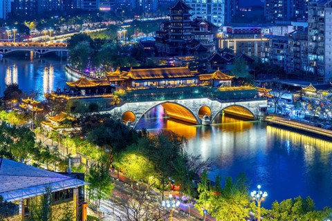 Chengdu skyline with Anshun Bridge over Jin River at night in Chengdu, China, Asia