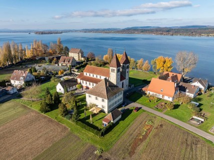 Aerial view of the north-western tip of the island of Reichenau in autumn with the district of