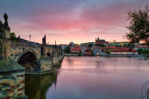 View over the Vltava River to the Hradcany, evening mood, Charles Bridge, Prague, Czech Republic,