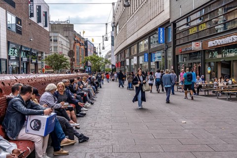 Grote Marktstraat, shopping street, long bench, pedestrian zone, in the city centre of The Hague,