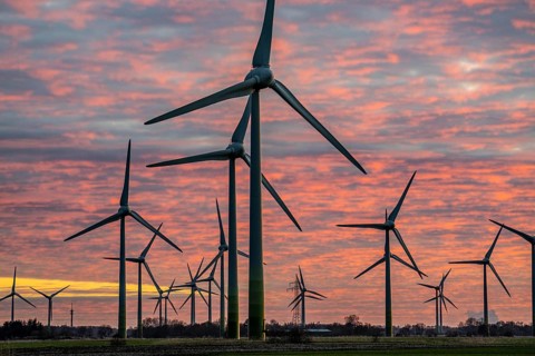 Wind farm near the East Frisian town of Norden, east of the town, sunset, Lower Saxony, Germany,
