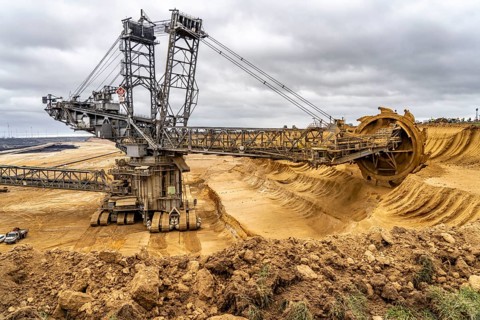 Opencast lignite mine Garzweiler 2, bucket wheel excavator 261 excavating the surface, near the