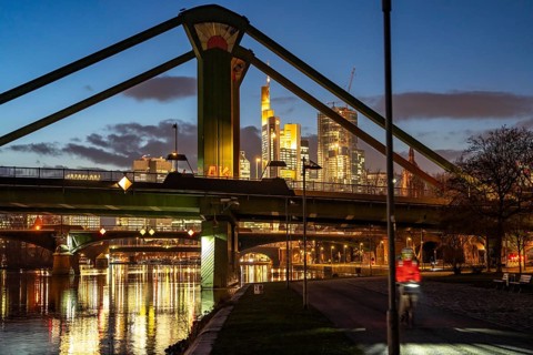 Skyline of the city centre of Frankfurt am Main, raft bridge over the river Main, dusk, Hesse,