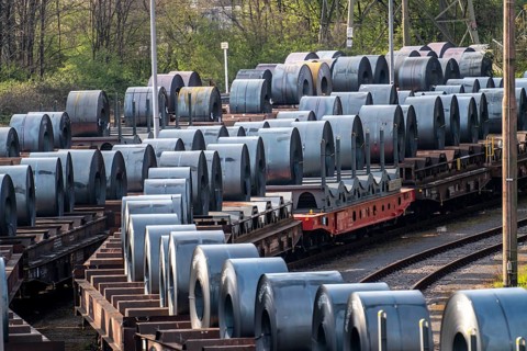Strip steel coils, on freight wagons, at the ThyssenKrupp Schwelgern plant in Duisburg-Marxloh is