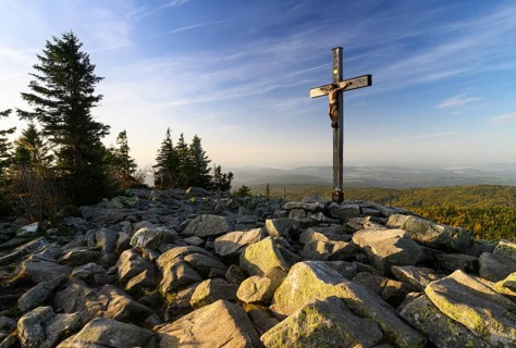 Summit cross on the Lusen (1373m), morning light, Bavarian Forest National Park, Bavaria, Germany,