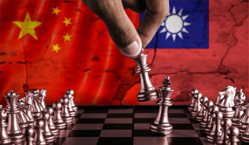 China vs Taiwan flag concept on chessboard. Political tension between China and Taiwan on pieces of