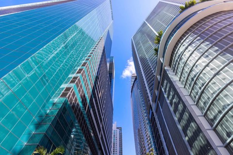 Miami downtown financial skyline and business shopping center near Biscayne bay and South beach
