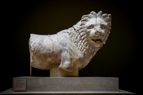 Marble statue, lion from the Mausoleum of Halicarnassus, one of the seven wonders of the world,