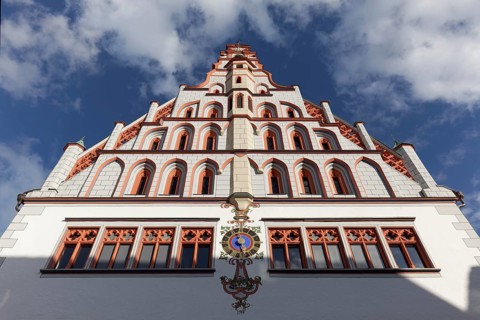Late Gothic town hall with early Baroque gable, historic old town centre, Bad forest lake, Upper