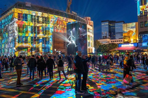 Essen Light Festival, in the city centre, light art on Kennedyplatz, the Berlin artist Daniel