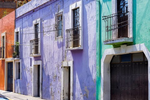 Scenic colorful colonial architecture of Cholula streets in historic center in Mexico Puebla