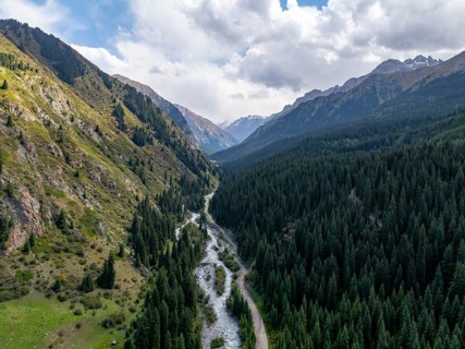 Aerial view, Green Mountain Valley, Chon Kyzyl Suu, Tien-Shan Mountains, Kyrgyzstan, Asia