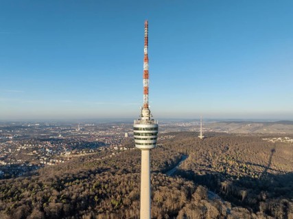 Aerial view of the 216.6 metre high Stuttgart television tower, observation tower, restaurant,