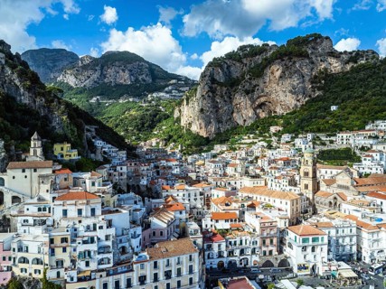 Amalfi from a drone, Salerno, Campania, Italy, Europe