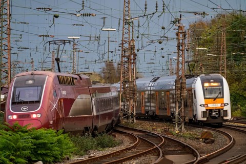 Eurostar train and RRX train leaving Essen Central Station, North Rhine-Westphalia, Germany, Europe