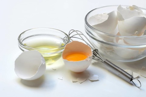Opened hen's egg, egg white in shell and eggshells