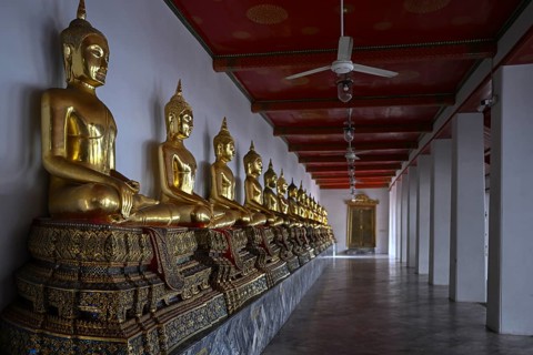 Gilded Buddha statues in Wat Pho, Temple of the Reclining Buddha, Bangkok, Thailand, Asia