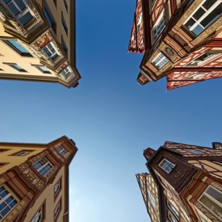 Four towers, ensemble of four historic buildings, view from bottom to top, Old Town, Koblenz,