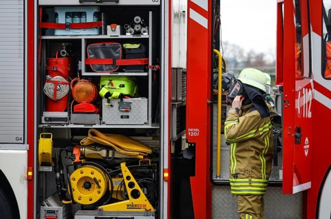 Duisburg, North Rhine-Westphalia, Germany, firefighting exercise, people are rescued from a burning