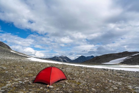 Tent in mountain landscape, Sarek National Park, World Heritage Laponia, Norrbotten, Lapland,