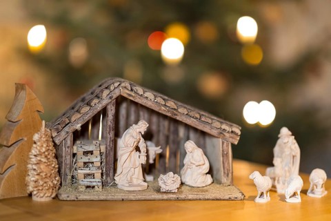 Stable with the Holy Family, shepherd and sheep come to the cot, nativity scene scene, Christmas