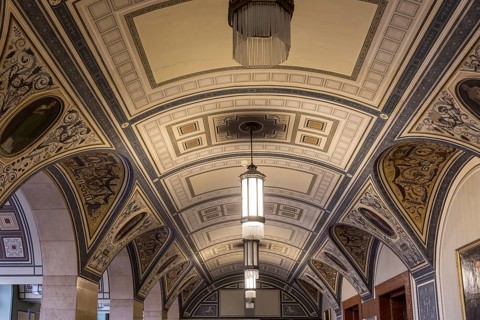 Ceiling vault of the Wandelhalle, interior design of the town hall in Chemnitz, Saxony, Germany,