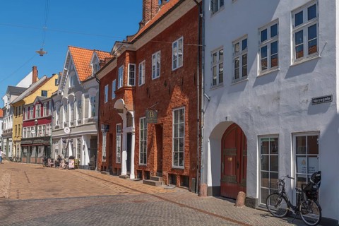 Odense, street in the old town, colourful houses, eaves houses, Fyn, island of Funen, Denmark,