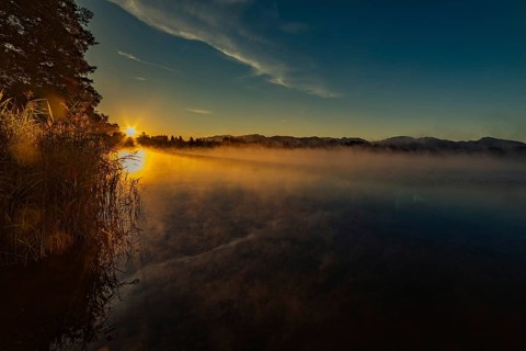 Autumnal morning atmosphere at Schmutter Weiher with fog near Lechbruck, Halblech and Roßhaupten in