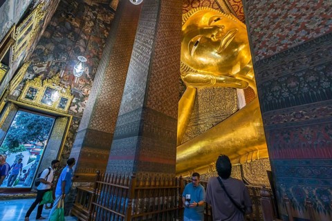 Wat Pho, temple of the reclining Buddha. Sightseeing attraction, architecturally significant temple