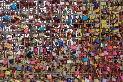 Lattice with love locks, at the Pilsum lighthouse, Pilsum, Krummhörn, Lower Saxony, Germany, Europe