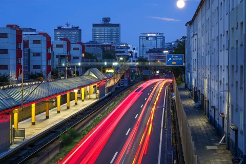 Essen, North Rhine-Westphalia, Germany, A40 motorway in the city centre at dusk. Deserted