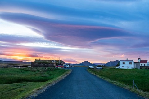 Sunset at Mödrudalur farm and guesthouse, church, dramatic cloud formation, northwest of