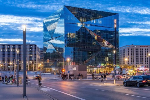 The modern Cube Berlin office building on Washingtonplatz at dusk, Berlin, Germany, Europe