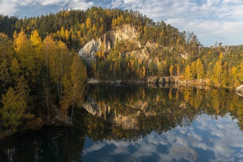 Adršpašské pond, lakeshore with trees and rocks on a sunny day in autumn, Dolní Adršpach, 549 57
