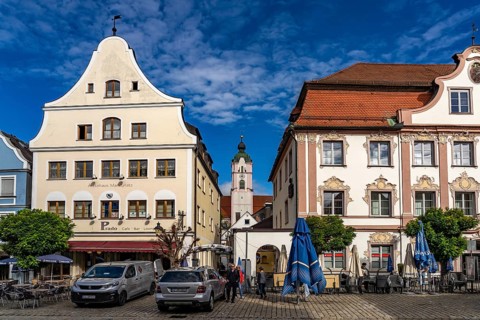 The market square and Church of Our Lady church in the old town centre of Günzburg, Bavaria,