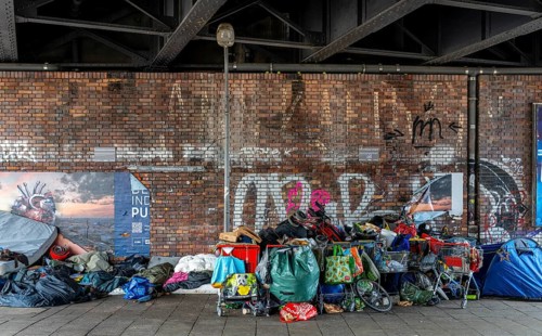 Waste and rubbish collection point, homeless people under the Jannowitzbrücke, Berlin, Germany,