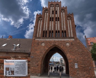 Historic water gate in brick Gothic style built in 1450, Am Hafen 1, Wismar,