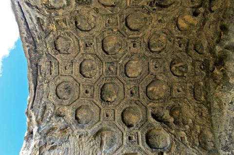 Remains of a barrel vault with a coffered ceiling carved in stone in the Tamaras Hall of the