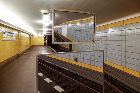 Mirrors on an underground platform at Hermannplatz station. The mirrors are used by the drivers for