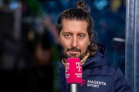 Ice hockey presenter Patrick Ehelechner at the Adler Mannheim v Nuremberg Ice Tigers match