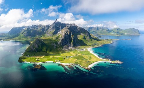 View of Flakstad and the beach at Skagsanden, Lofoten, Norway, Europe