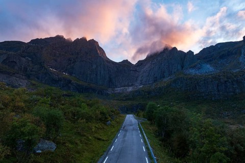 Road to Nusfjord in the evening, Lofoten, Norway, Europe