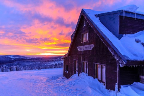 Sunset at the Wossecker Baude on a winter's day, Harrachsdorf in the Giant Mountains, Czech