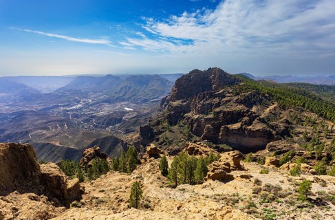 View into the valley of the Caldera de Tirajana, pine forest around the summit of El Campanario,