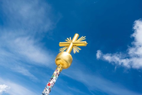 Golden summit cross on the summit of the Zugspitze, Wetterstein range, Northern Limestone Alps,