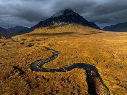 Morning light, cloudy mood, sunbeams, river, moor, mountain landscape, aerial view, autumn, view of