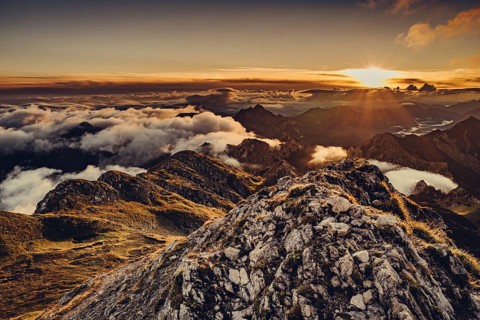 Sunrise hike on the Hochplatte in the Ammergau Alps, Ammergebirge in the Allgäu, Bavaria, Germany,