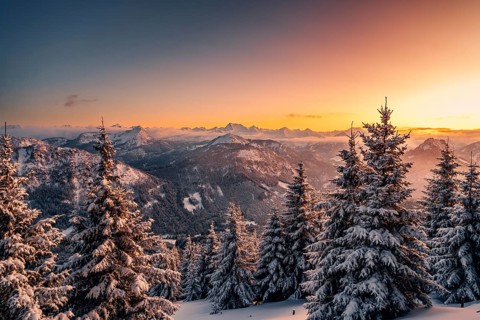 A Winter Wonder Land sunset hiking tour in the snow on the Edelsberg near Nesselwang in the Allgäu